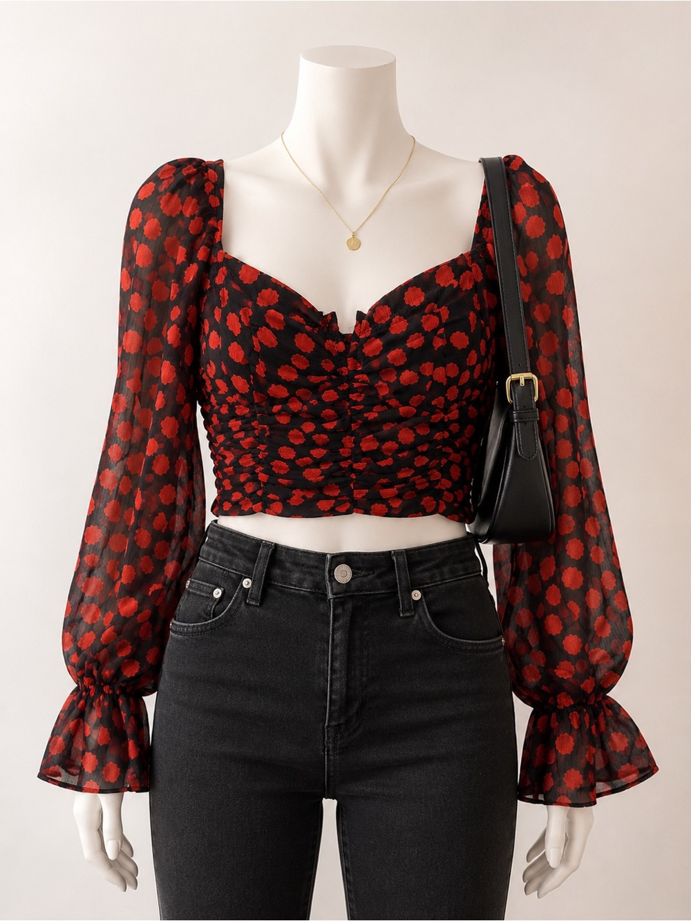 Free People Black Red Floral Ruched Crop Top Long Sleeve XS